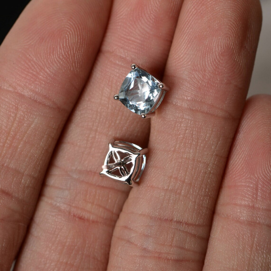 Aquamarine Cushion Cut Gemstone 925 Sterling Silver Women Designer Stud Earrings
