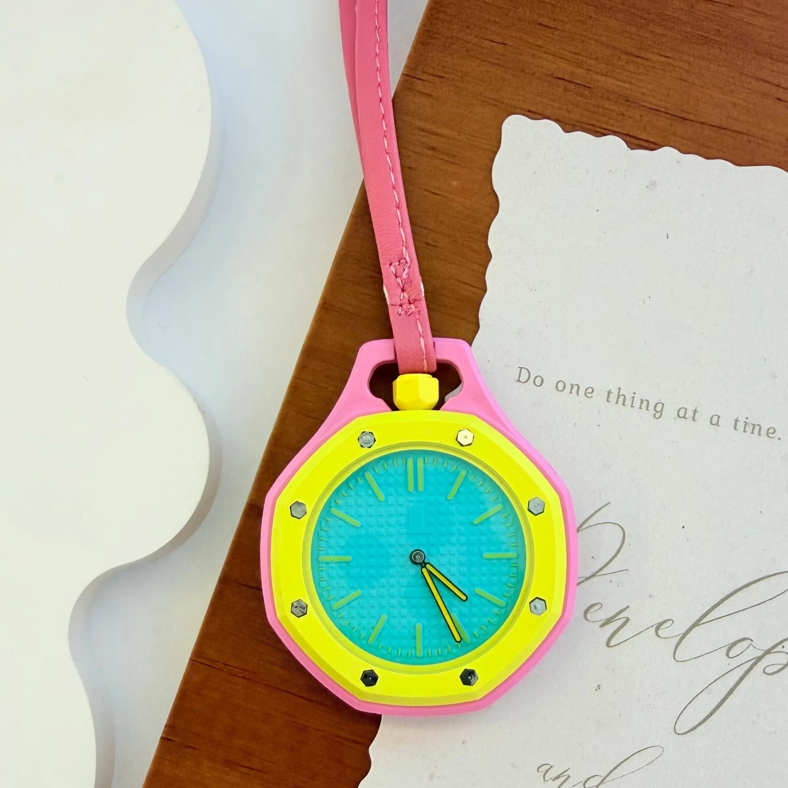 Octagonal Textured Dial Pendant Watch, Unisex, with Colorful Leather Strap