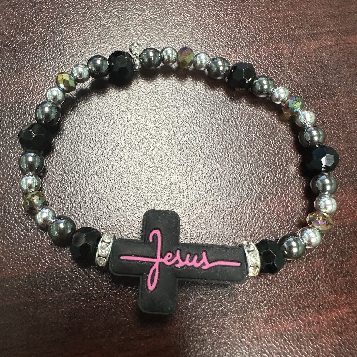 Beaded Stretch Bracelet w/ Jesus Cross Dangle Charm, Black Gray Religious