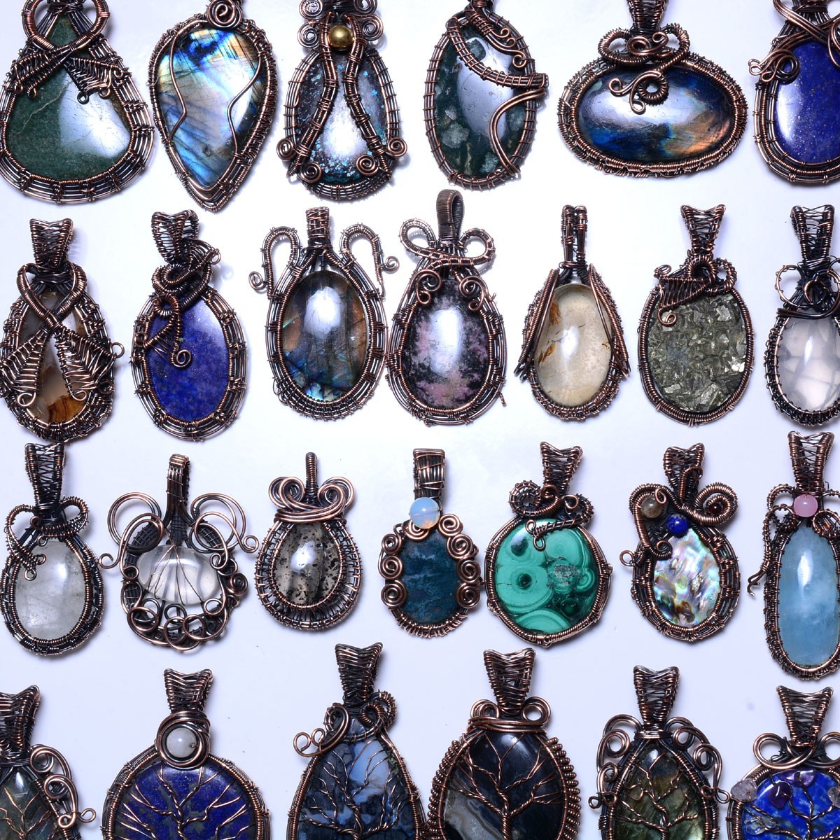 Natural Handmade Mix Gemstone Copper Wire Wrap 10 Pcs Lot Pendant Jewelry Reiki
