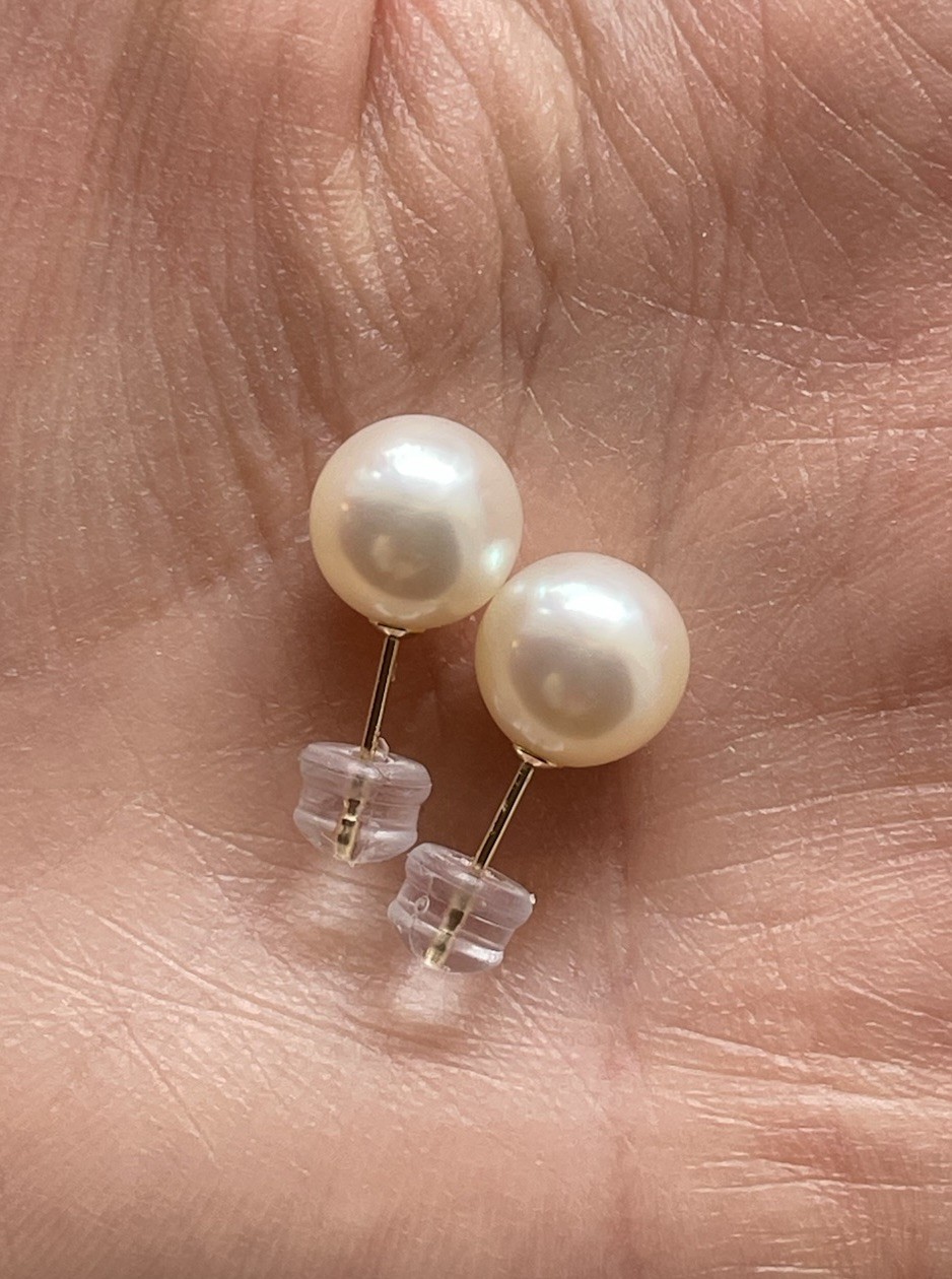Japanese Akoya Pearl Stud Earrings 9mm Untreated Natural Color K14 Solid Gold