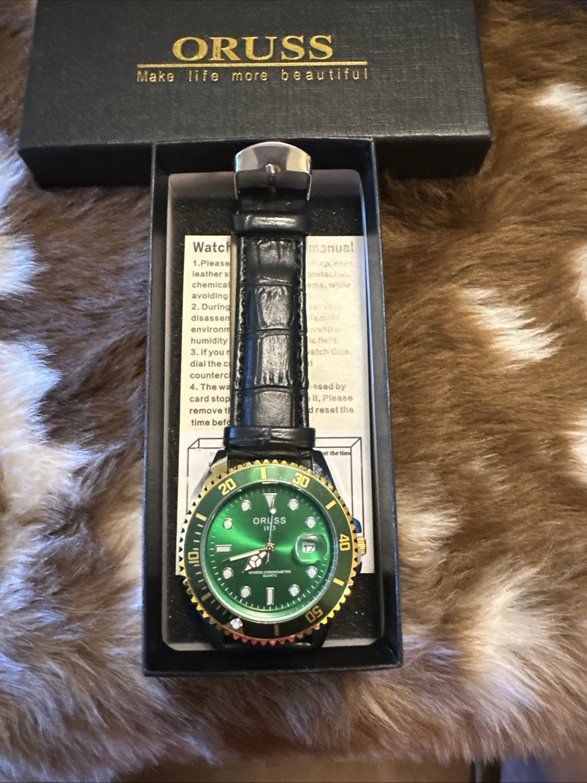 ORUSS 1893 Green Dial Quartz Diver Men’s Watch Date Black Leather Strap Box