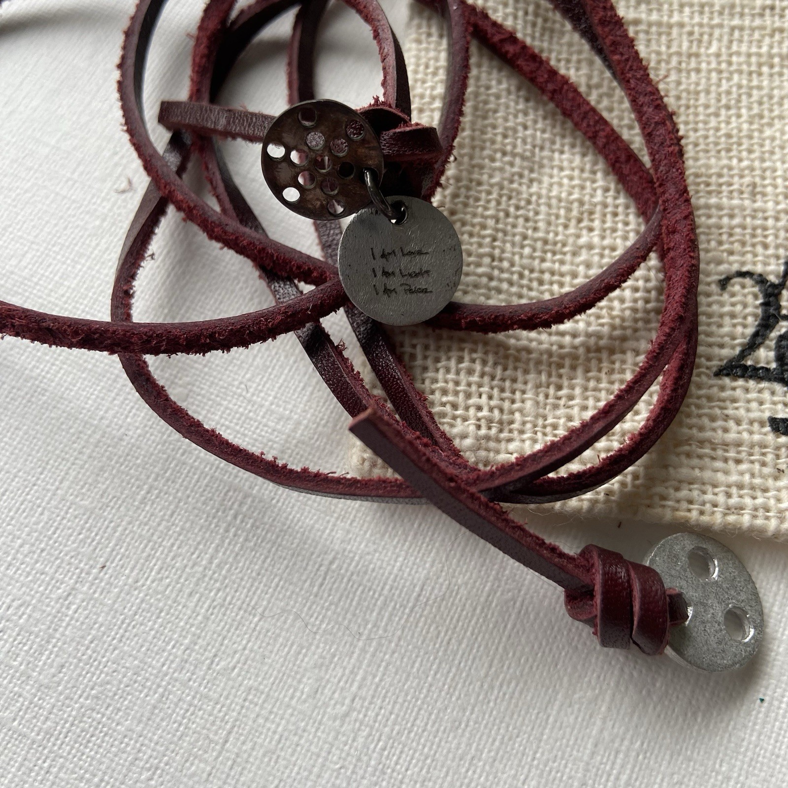 ARTICLE 22 Wrap Bracelet Necklace Burgundy Leather With Silver Tone Coins Boho