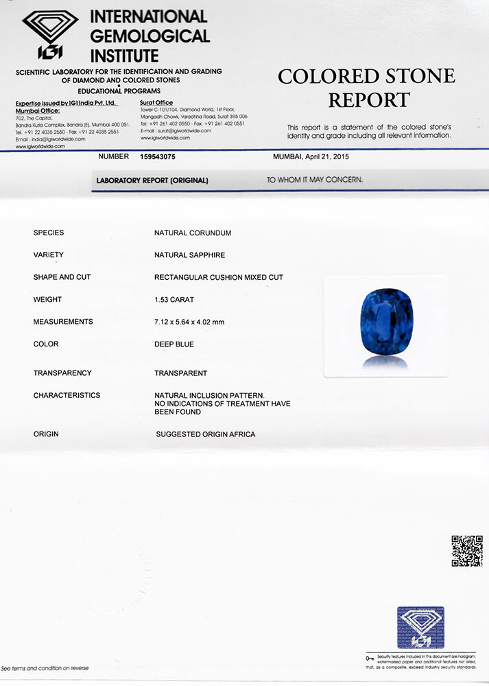 IGI Certified MADAGASCAR Blue Sapphire 1.53 Cts Natural Untreated Cushion