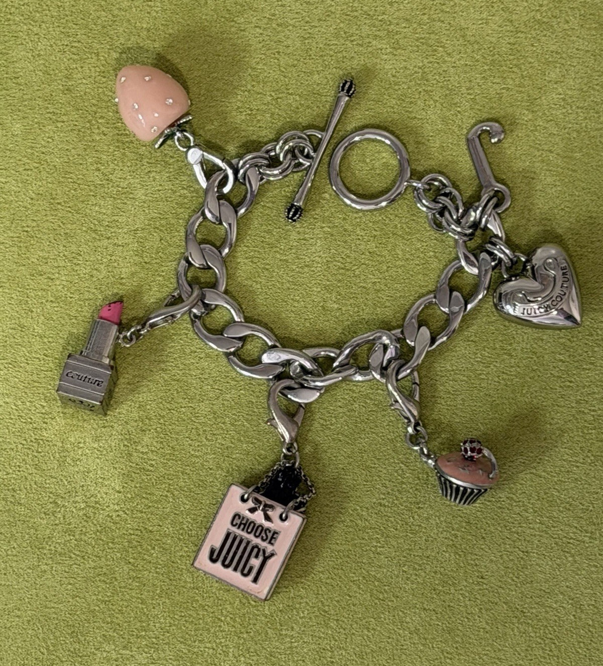 Juicy Couture Signed Silver/Pink Curb Link Charm Bracelet Toggle Crystal Enamel
