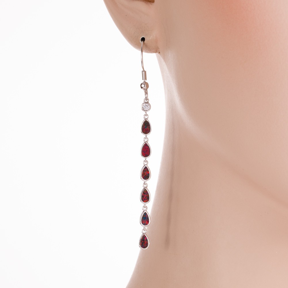 Multi Pear Black Cherry Red Fire Opal CZ Silver Jewelry Dangle Drop Earrings
