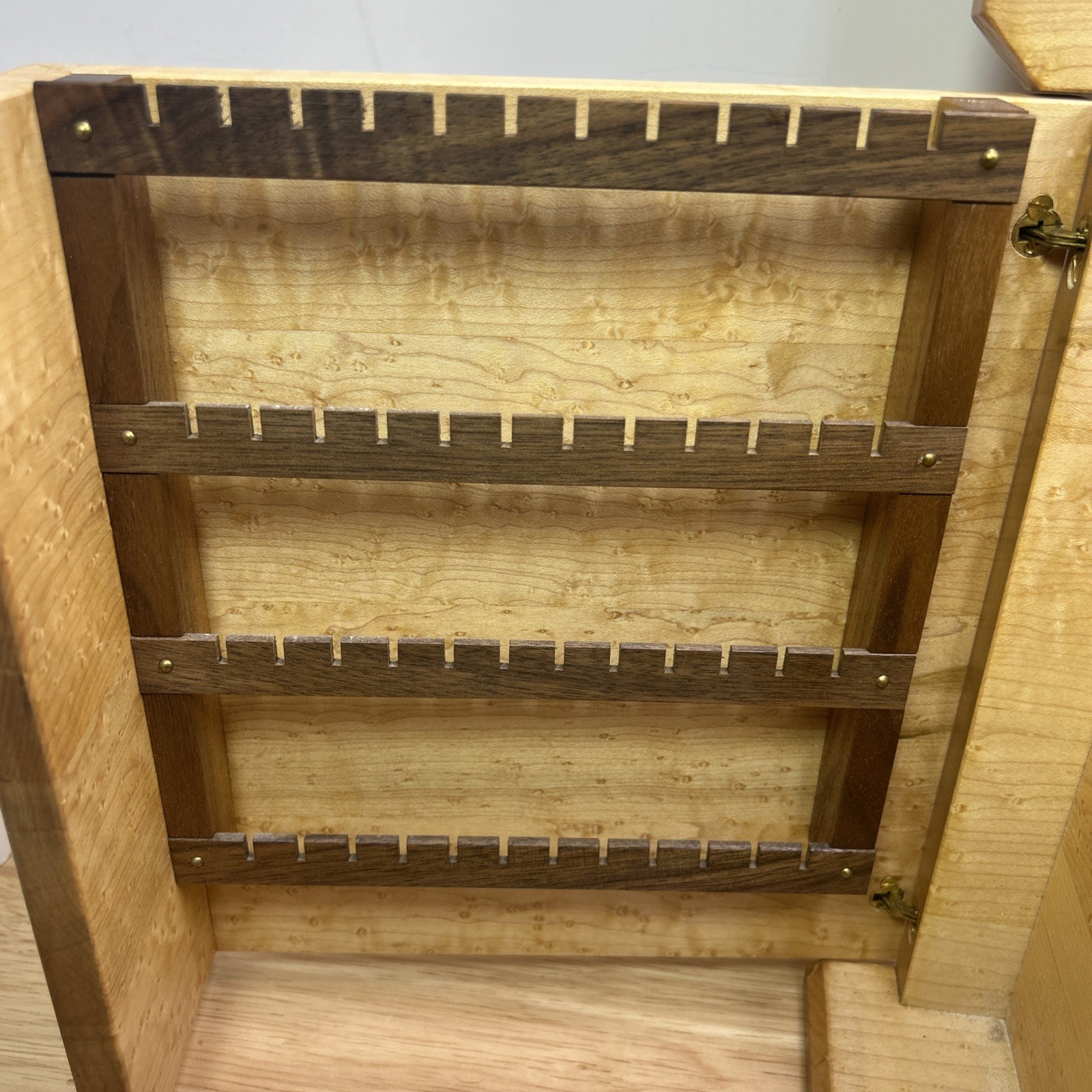 Jewelry Box Handmade Artisan Birdseye Maple Walnut Accent Inlay Lined Dovetail