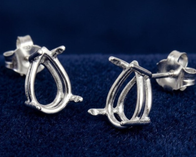 925 Sterling Silver 5x7mm Pear Prong Stud Earrings Semi Mount Jewelry Setting