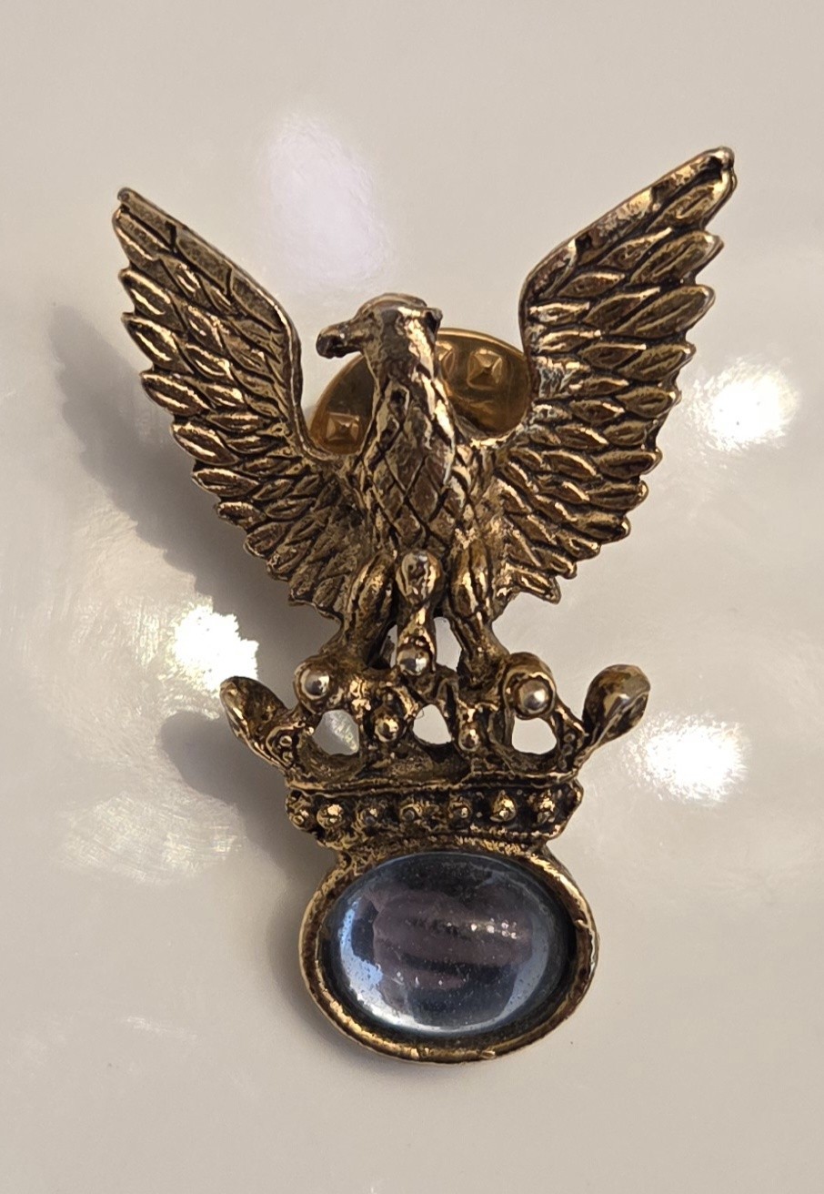 Vintage Gold Tone Eagle Crown Lapel Pin Blue Stone Cabochon Heraldic Brooch