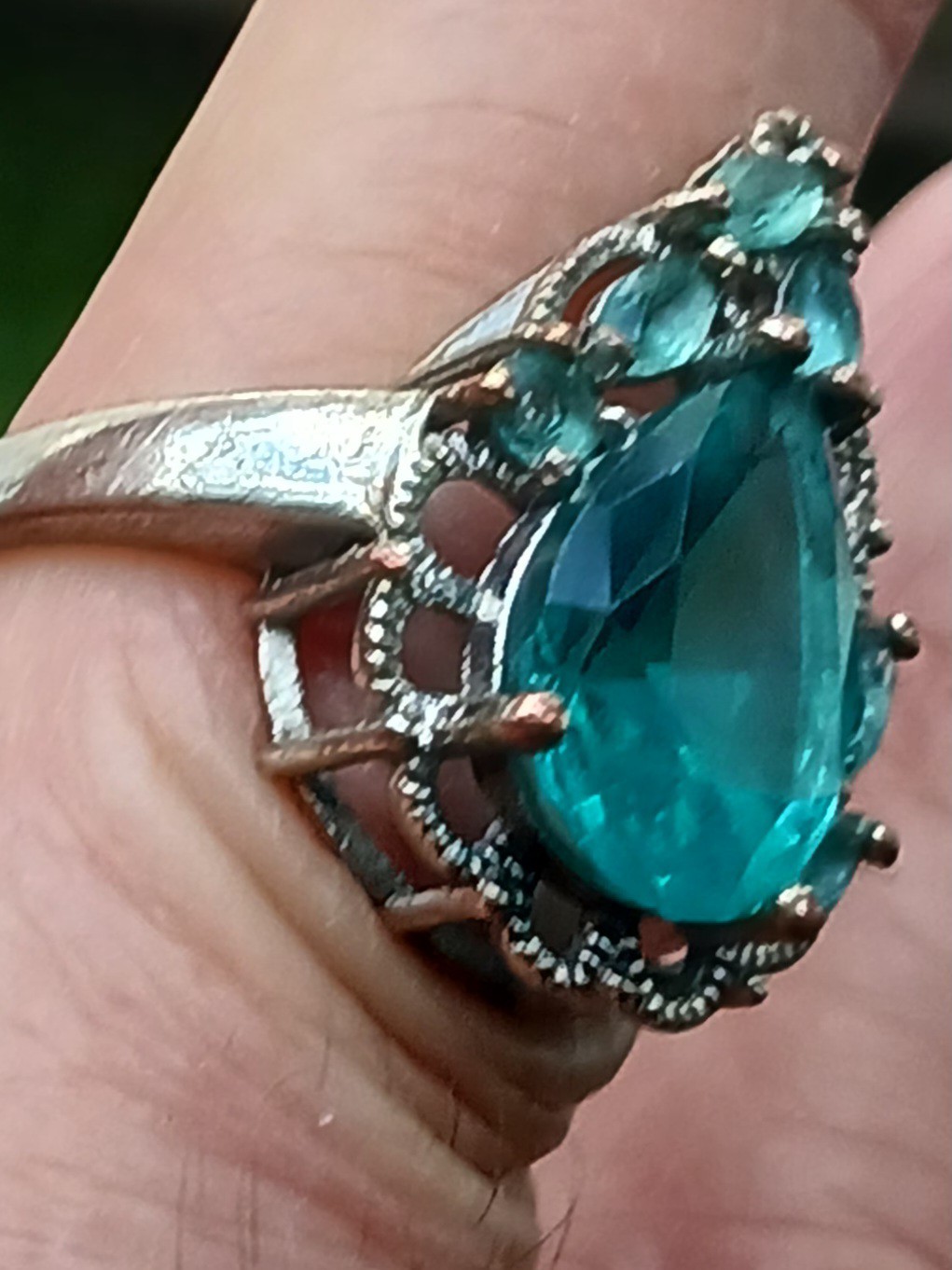 Vtg Cocktail Ring Aqua Blue Silverplate/ Silvertone Estate Ring Sz 7.75