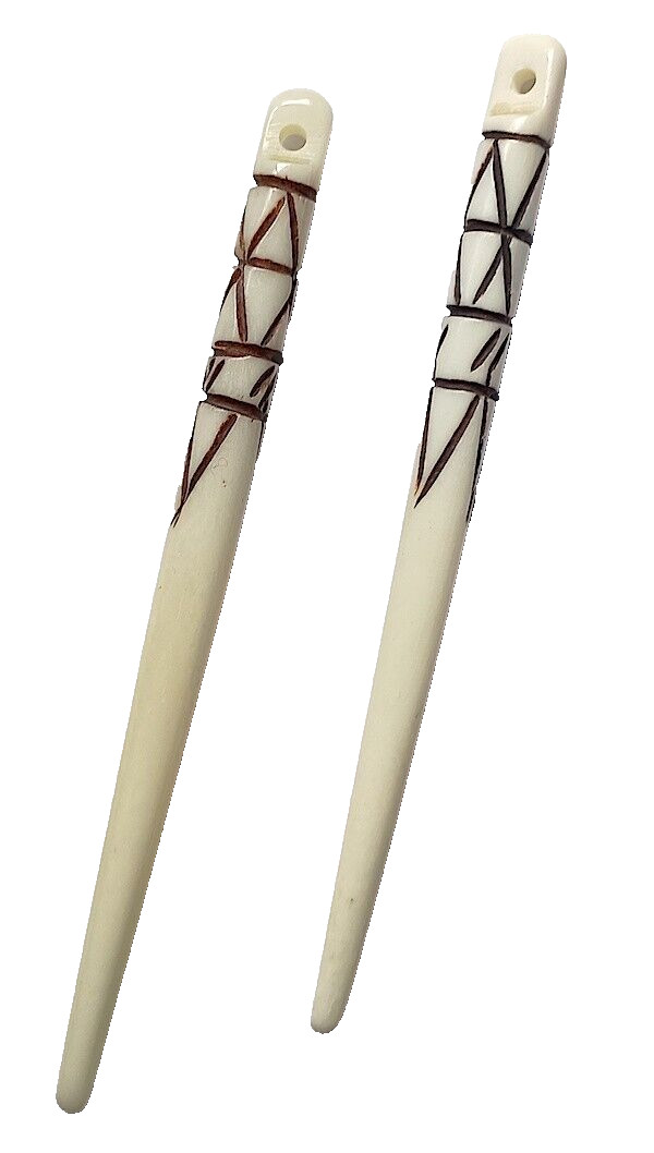 Pendants, Water Buffalo, Long Bone Points, Set of 2 Pcs, Carved Design, 4 Inches