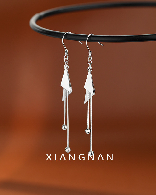 Women 925 Silver Tassel Ball Triangle Geometric Dangle Drop Hook Earrings J1