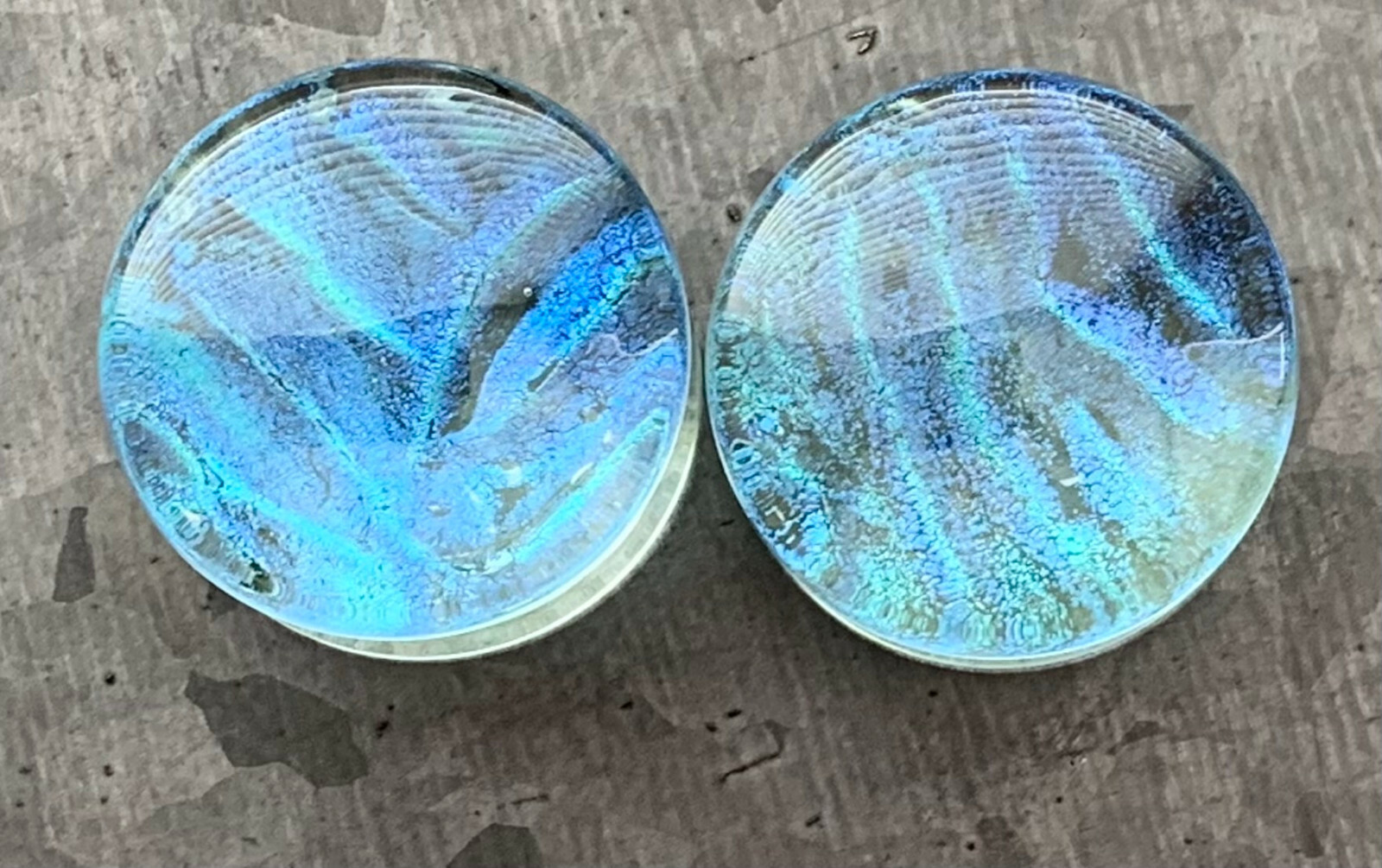 PAIR Blue Green Ocean Iridescent Glass Double Flare Plugs Gauges Body Jewelry