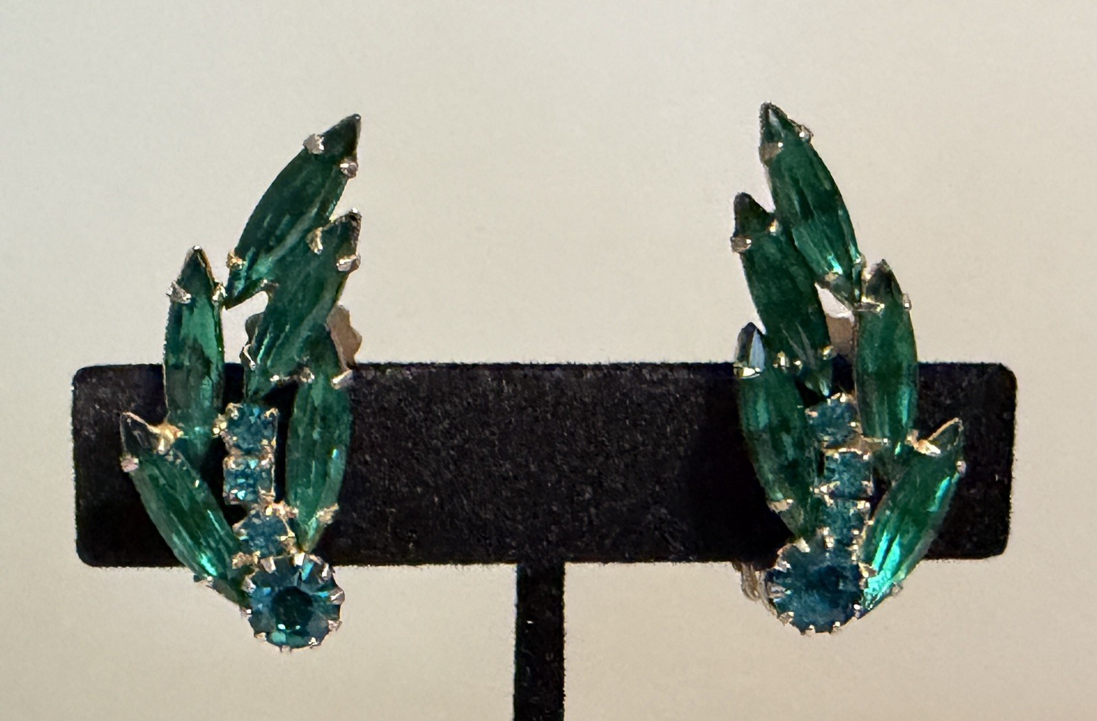 Vintage Unsigned Sherman ? Green & Teal Navette Rhinestone Clip On Earrings