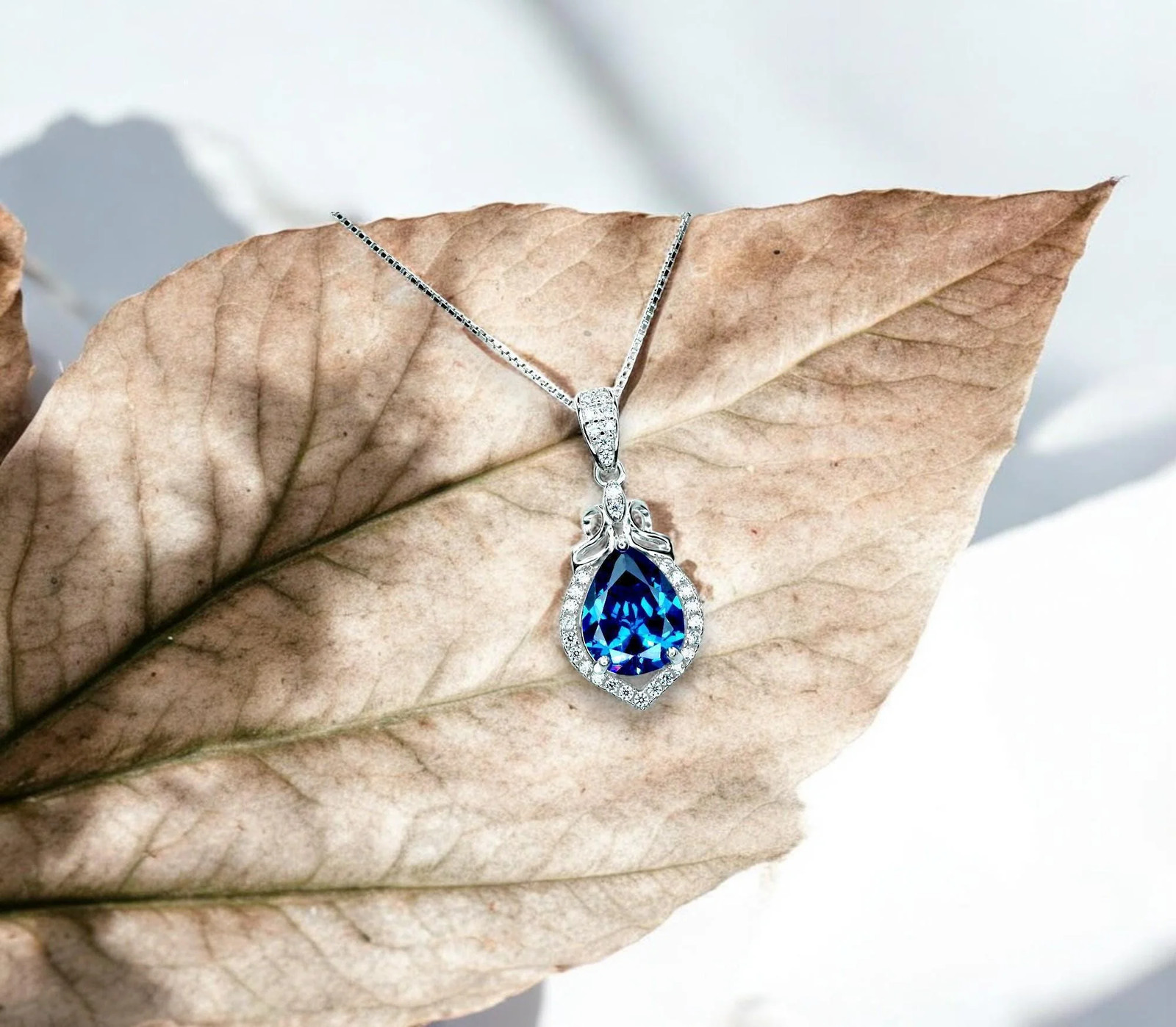 Blue sapphire necklace – 18kgp @ sterling silver – September Birthstone – Pear