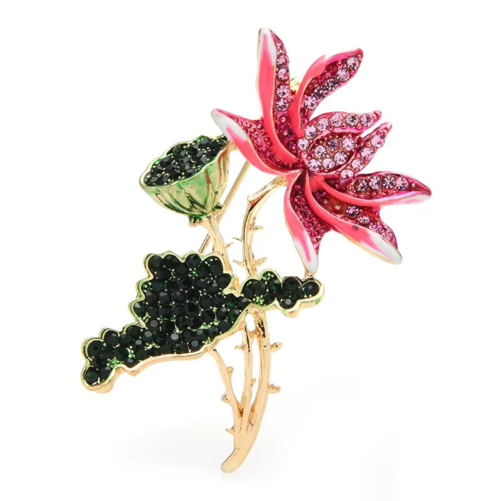 Luxury Pink Rhinestone Lotus Flower Brooch Gold Pin Spring Summer Jewelry Gift