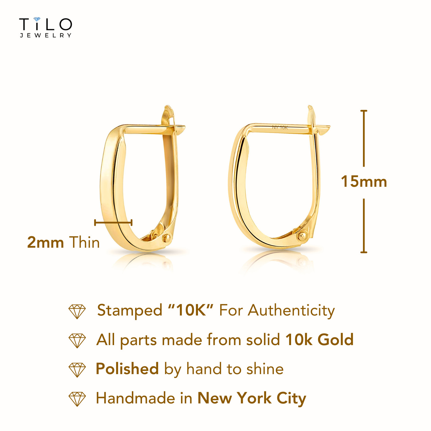 10K Real Solid Gold Shiny Mini U Oval Huggie Hoops Minimalist Dainty Earrings