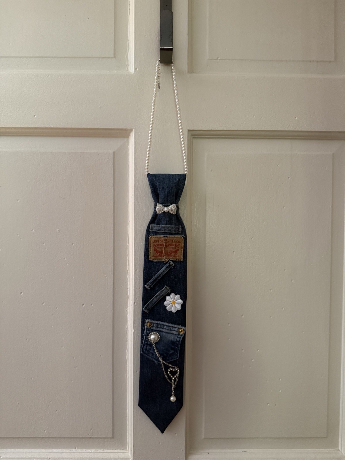 Denim Tie Pearl Necklace Customized With Bling & Levi’s Patch Handmade Unique