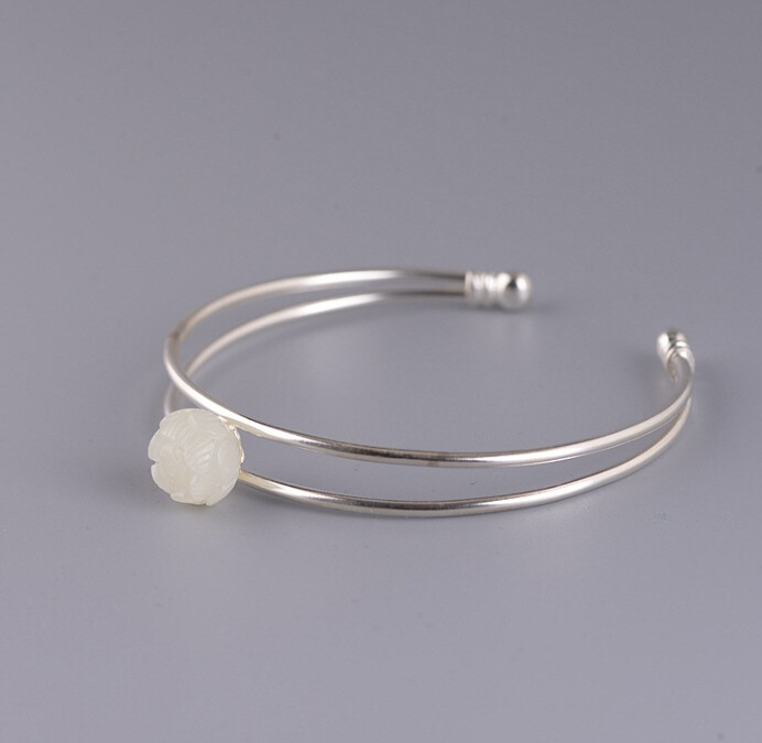 I05 Silver 925 Lotus Flower White Jade Bangle Bracelet