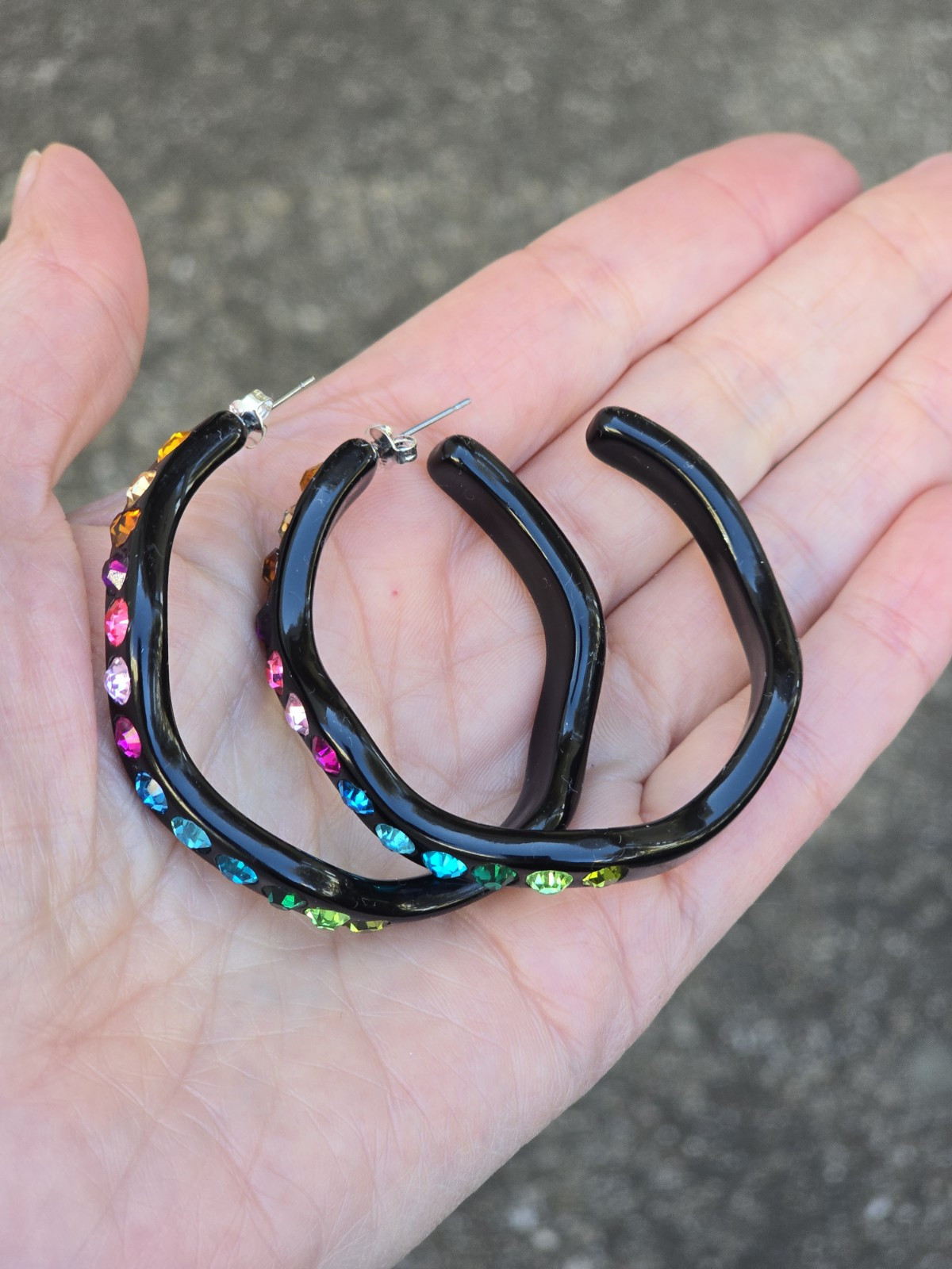 Multi Color Rhinestones Black Acrylic Large Hoop Pierced Earrings