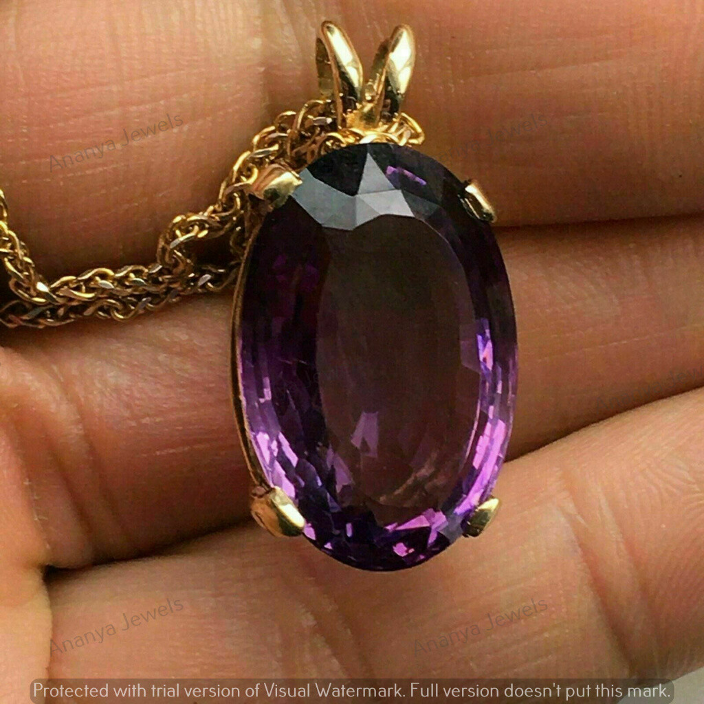 3CT Oval Purple Amethyst Solitaire Pendant Necklaces Real 14K Yellow Gold Plated