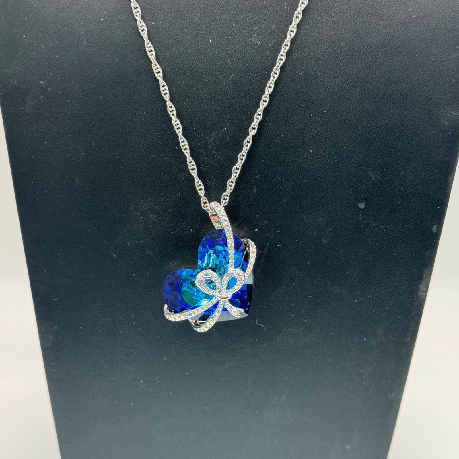 Qianse Swarovski Blue Crystal Heart of The Sea Pendant Necklace Silver Tone NEW
