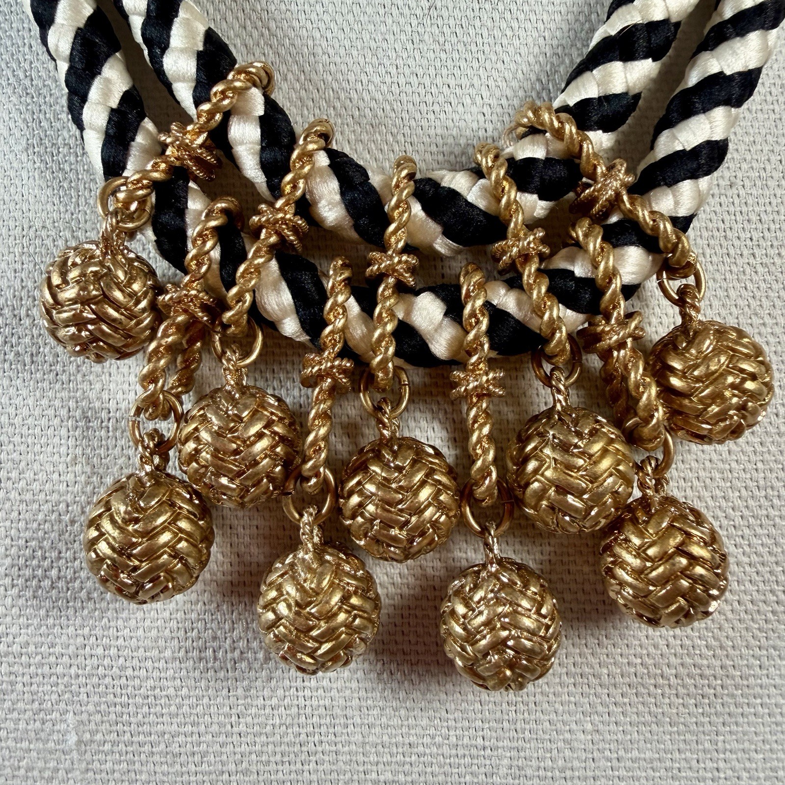 Stella & Dot Kalani Statement Necklace Black White Gold Rope Ball Knots 16–20”