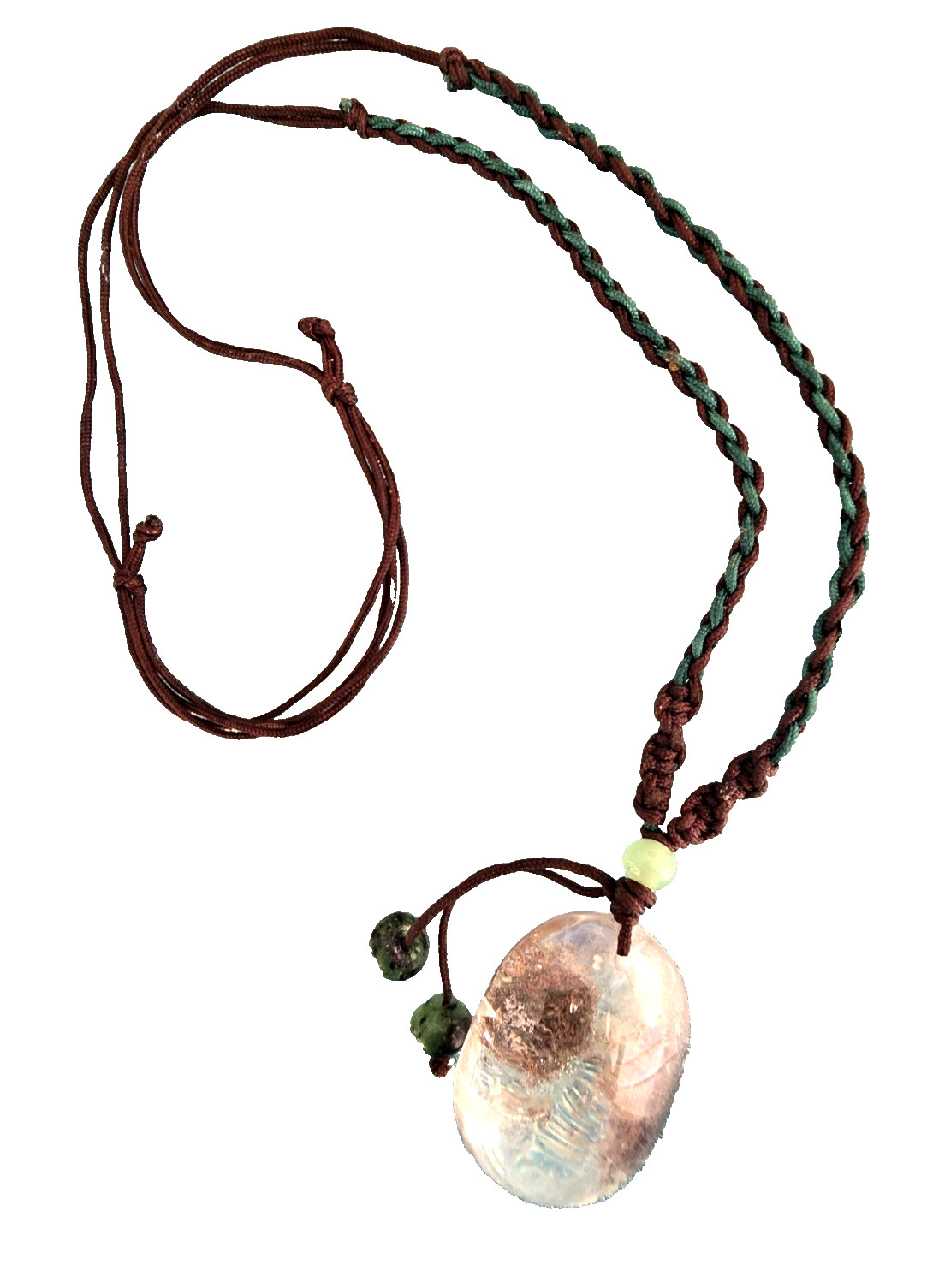 Natural PHANTOM Quartz XL OVAL Crystal Hand POLISHED Necklace w/ JADE, ZOISITE
