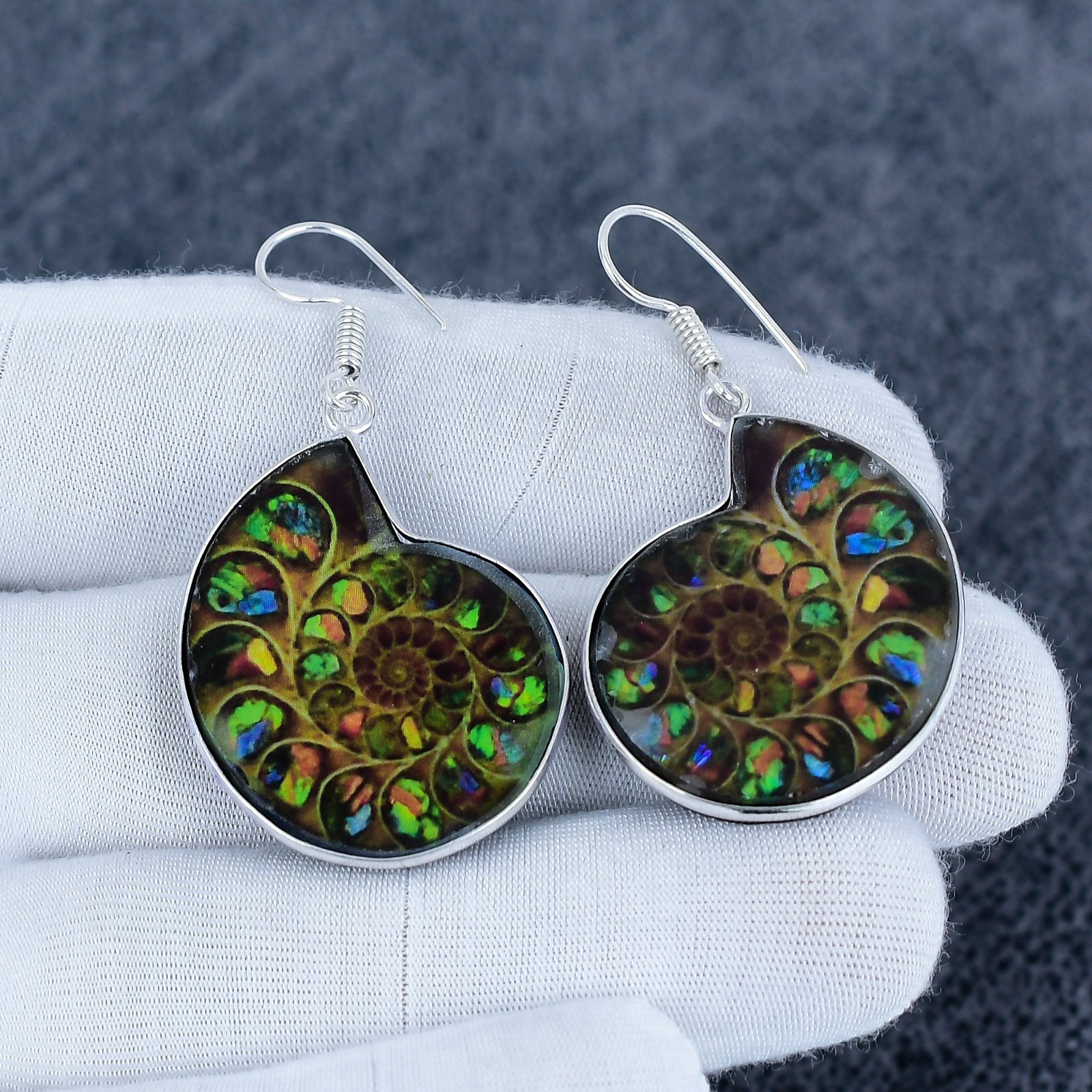 Rainbow Fire Ammonite / Ammolite Fossil Earrings, 925 Sterling Silver Gifts