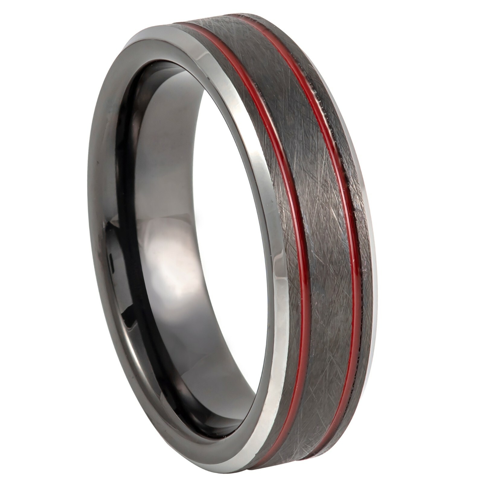 Tungsten Ring Charcoal Gray Ion Plated w/ 2 Red Thin Line 6mm Anniversary Unisex