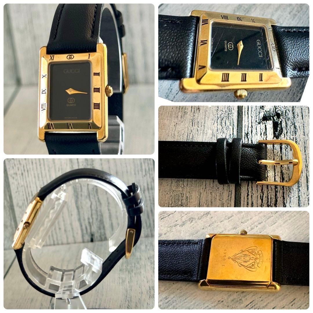 GUCCI 4200L Black Square Quartz Watch Gold Tone Leather Ladies Watch From Japan