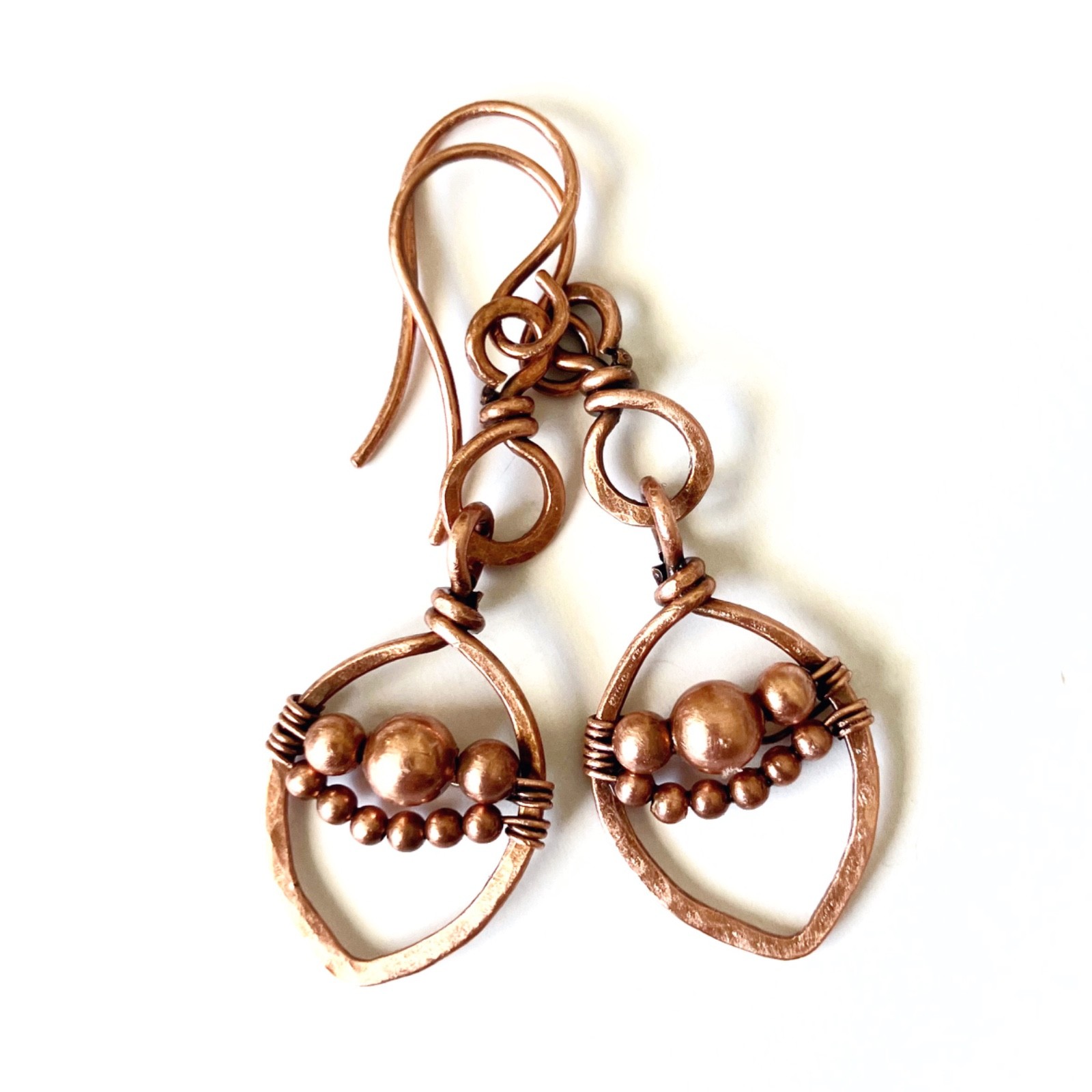 Beaded Wire Wrapped Boho Dangle Earrings Leaf Solid Copper Unique Handcrafted