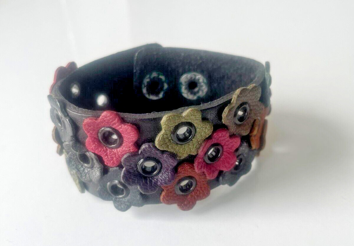 Leather black & multicolour flower rivet cuff bracelet