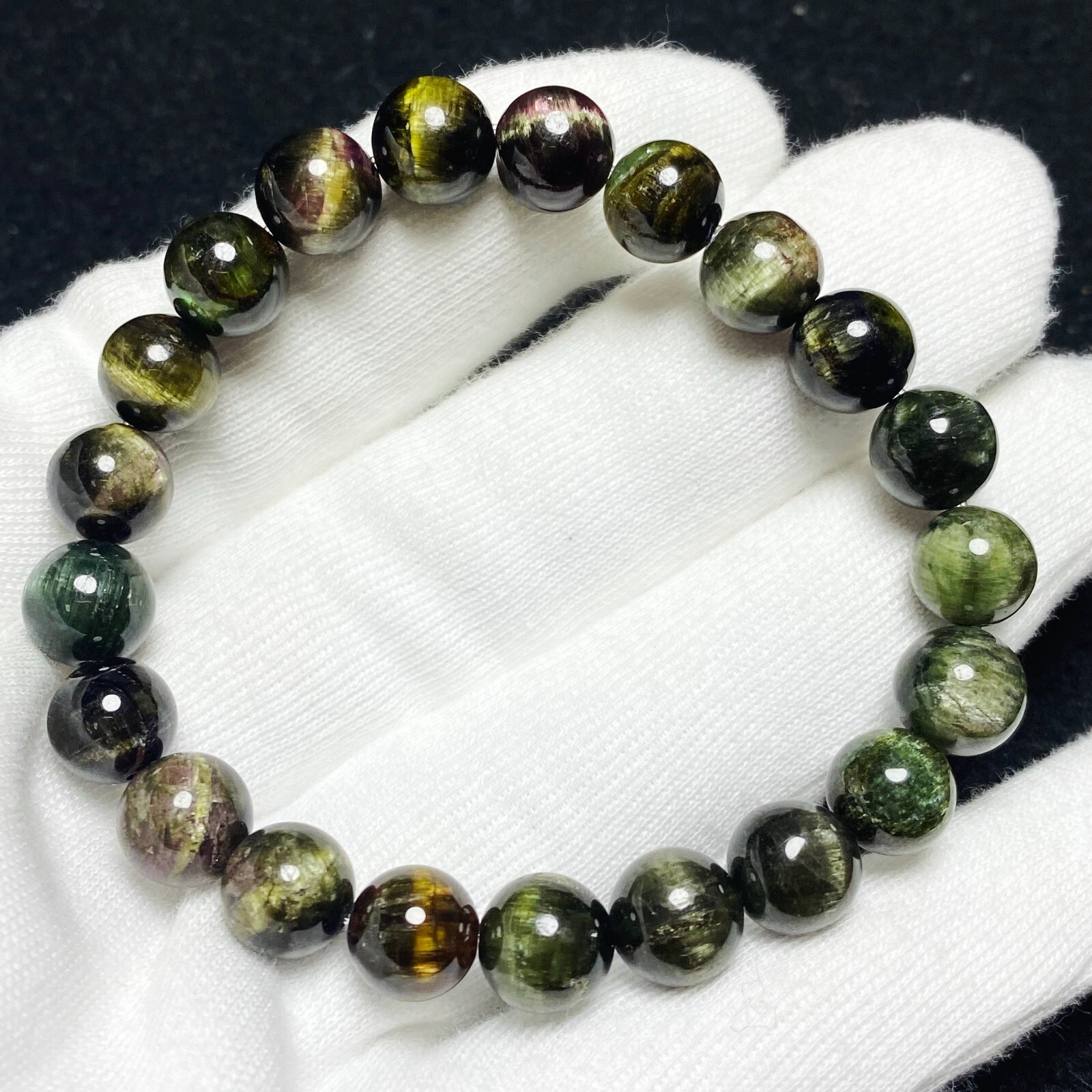 9.2mm Natural Color Tourmaline Cat’s Eye Quartz Crystal Beads Bracelet C1487