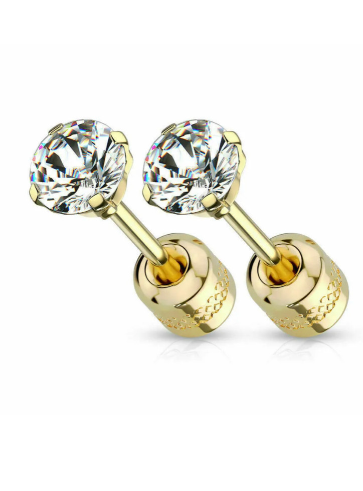2PCS Silver Stainless Steel Round CZ Earrings Screw Back Ear Stud for Men Women