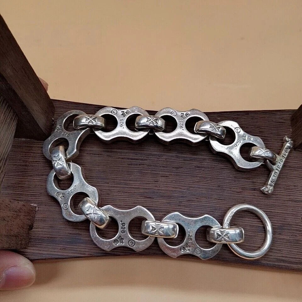 Alloy Curb Link Bracelet Toggle Clasp Vintage Silver Color Unisex Wrist Jewelry