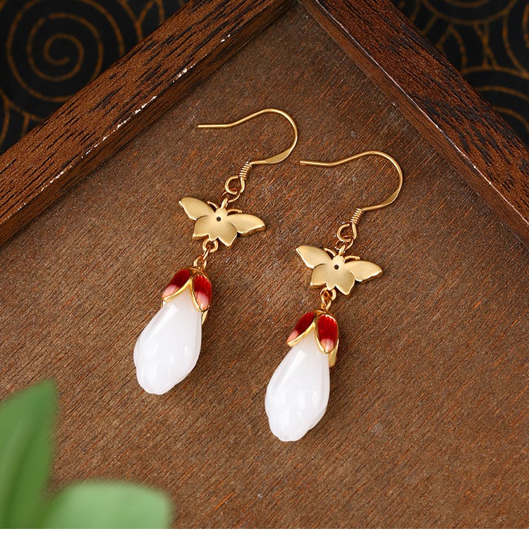 New Chinese Butterfly Enamel Jade Stud Earrings