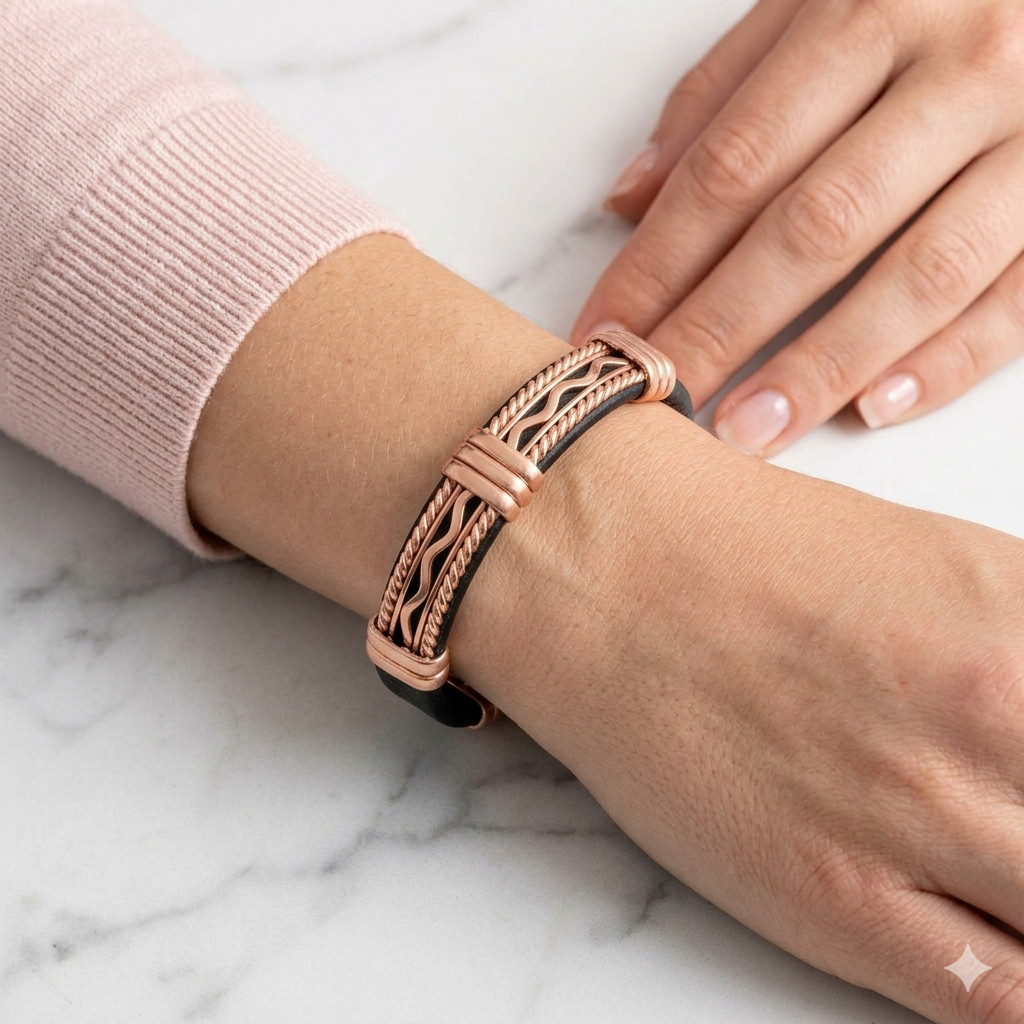 Solid Copper Leather Wrapped Magnetic Bracelet Arthritis Pain Therapy Cuff V
