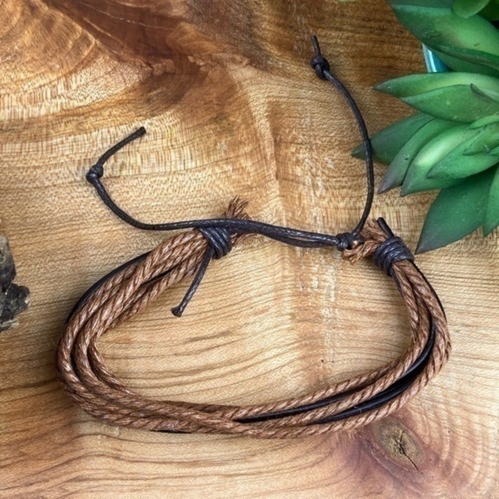 Mens Bracelets Bundle Adjustable Faux Leather & Hemp Onyx Stone Beads