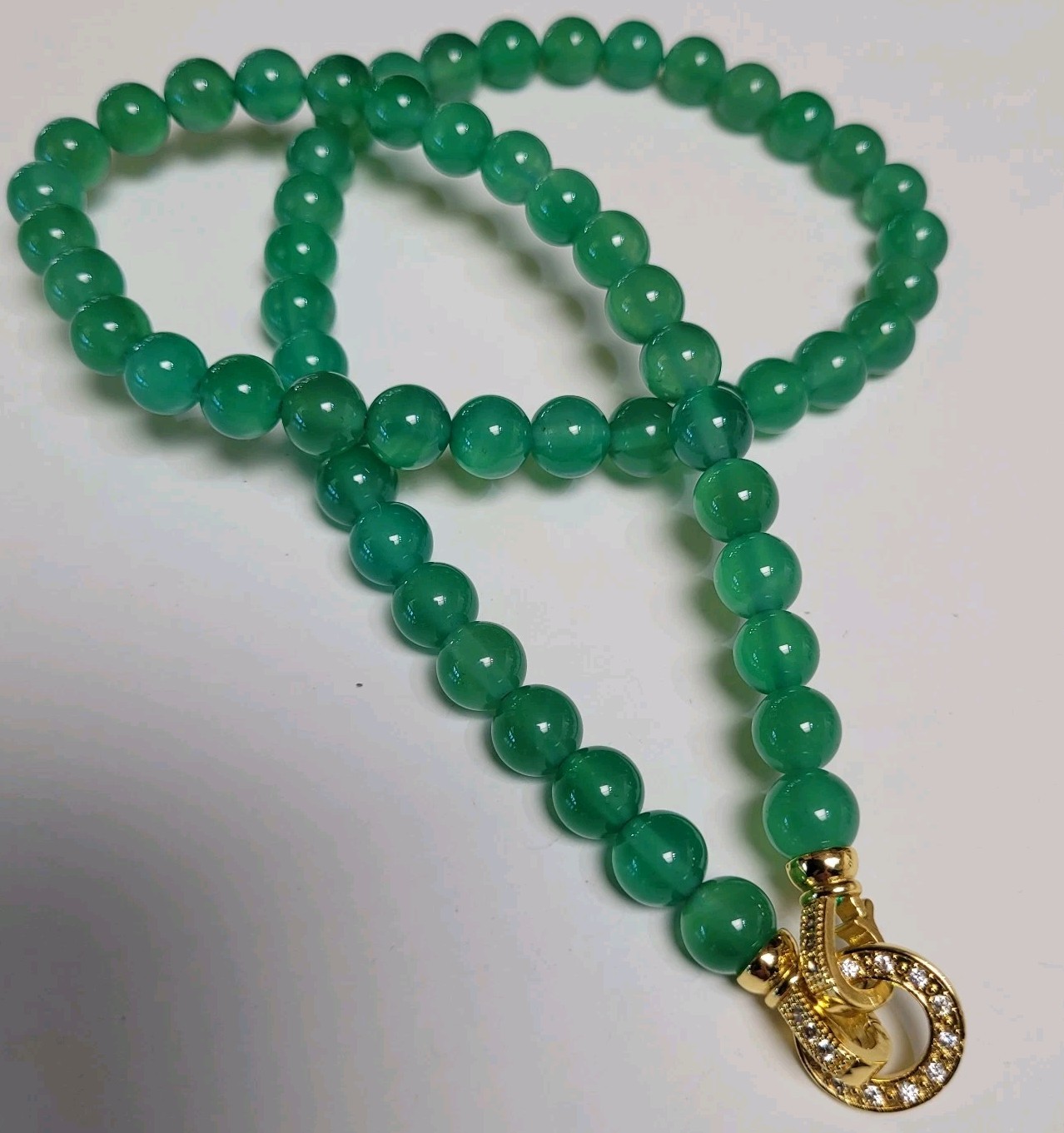 51cm Imperial Jade Green Natural Agate 8mm Bead Necklace Cubic Zirconia Clasp