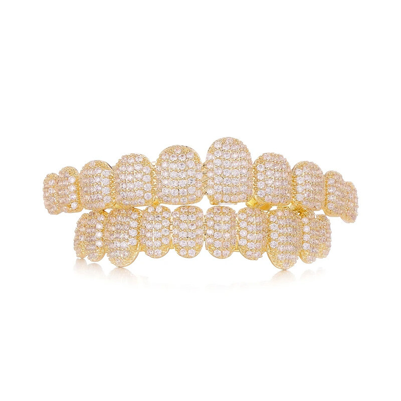 Real 14K Gold Plated Hip Hop Grills Top Bottom Set 5A+ ICED CZ Out Teeth Grillz