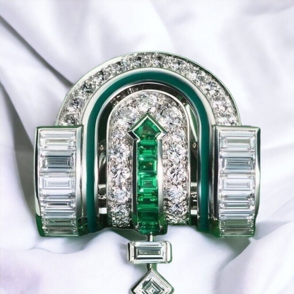 Unique Art Deco pear cut green Emerald Drop Pendant & Brooch in 925 Silver