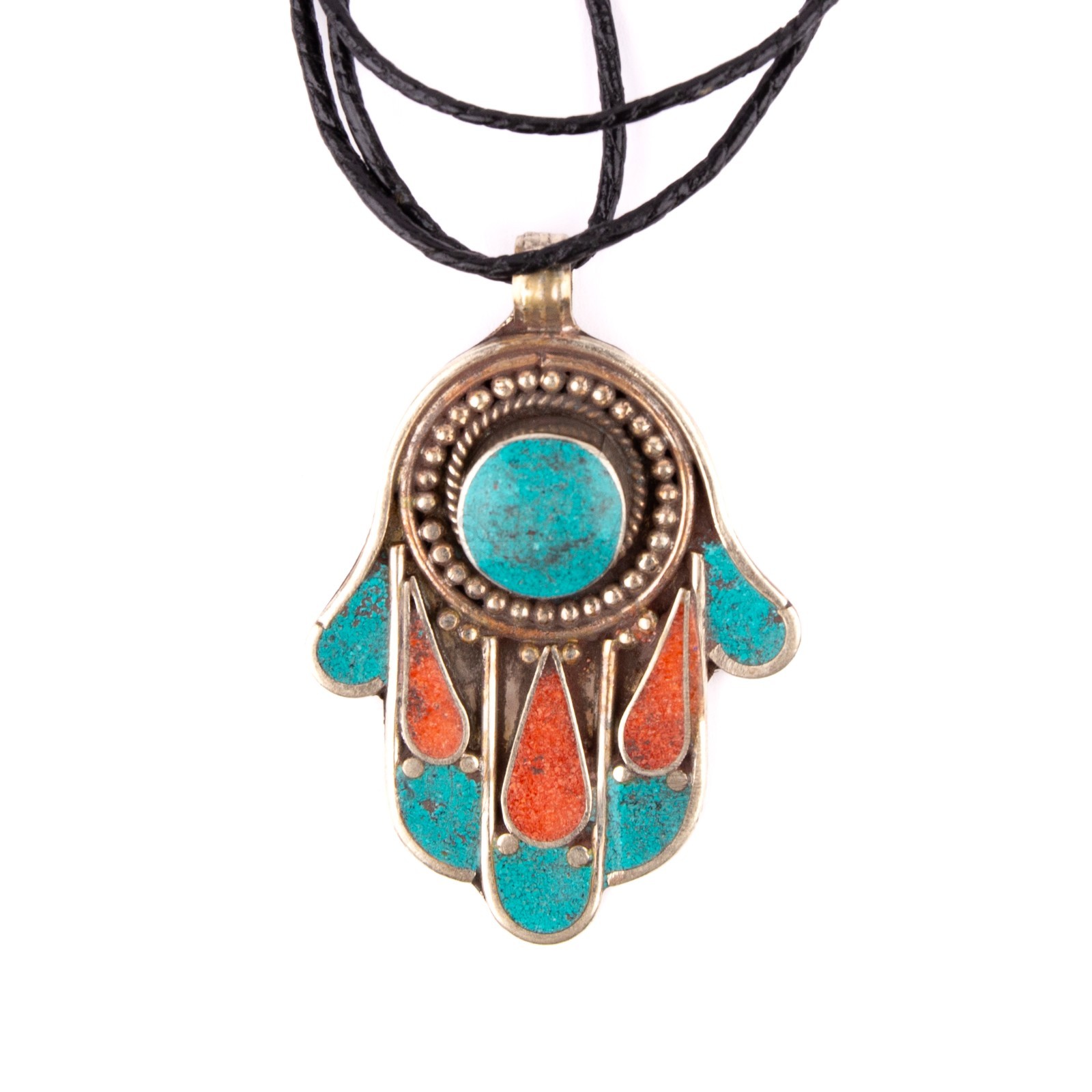Tibetan Pendant, Hand of Fatima Pendant, Turquoise Stone Amulet, Coral & Lapis