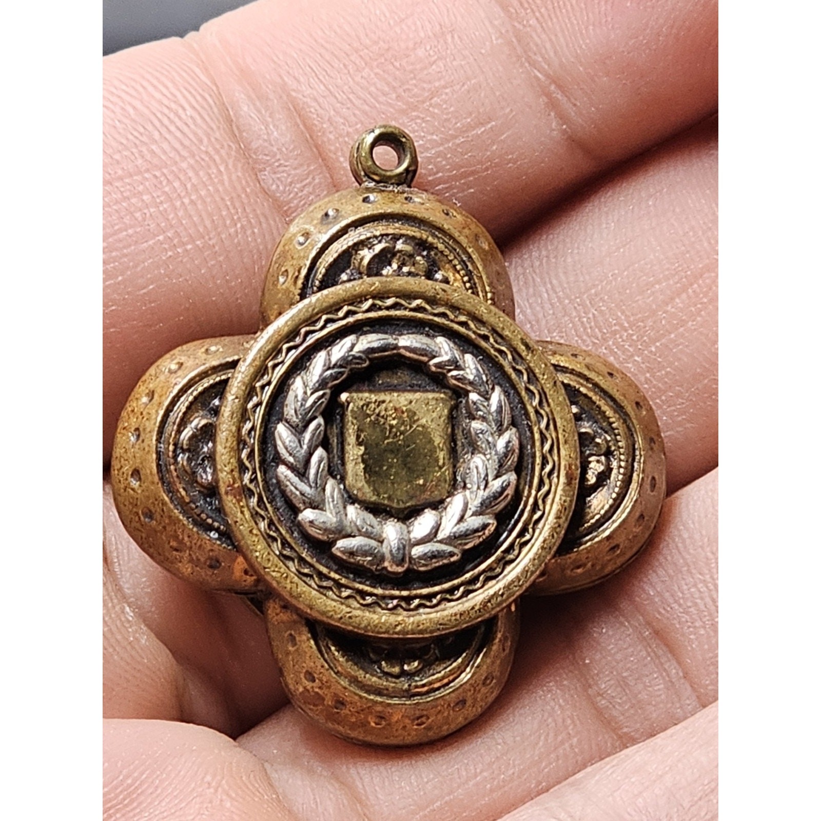 Antique Art Deco Bronze Shield Emblem Pendant *Missing Jump Ring*