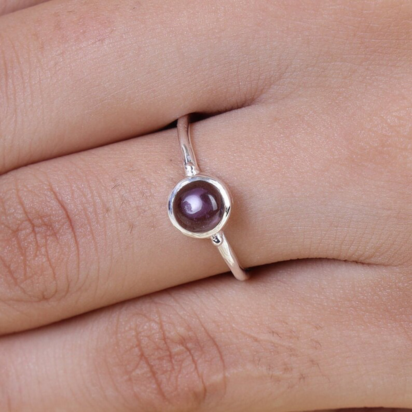 Natural Amethyst Round Cut Stone 925 Sterling Silver Women Handmade Simple Ring
