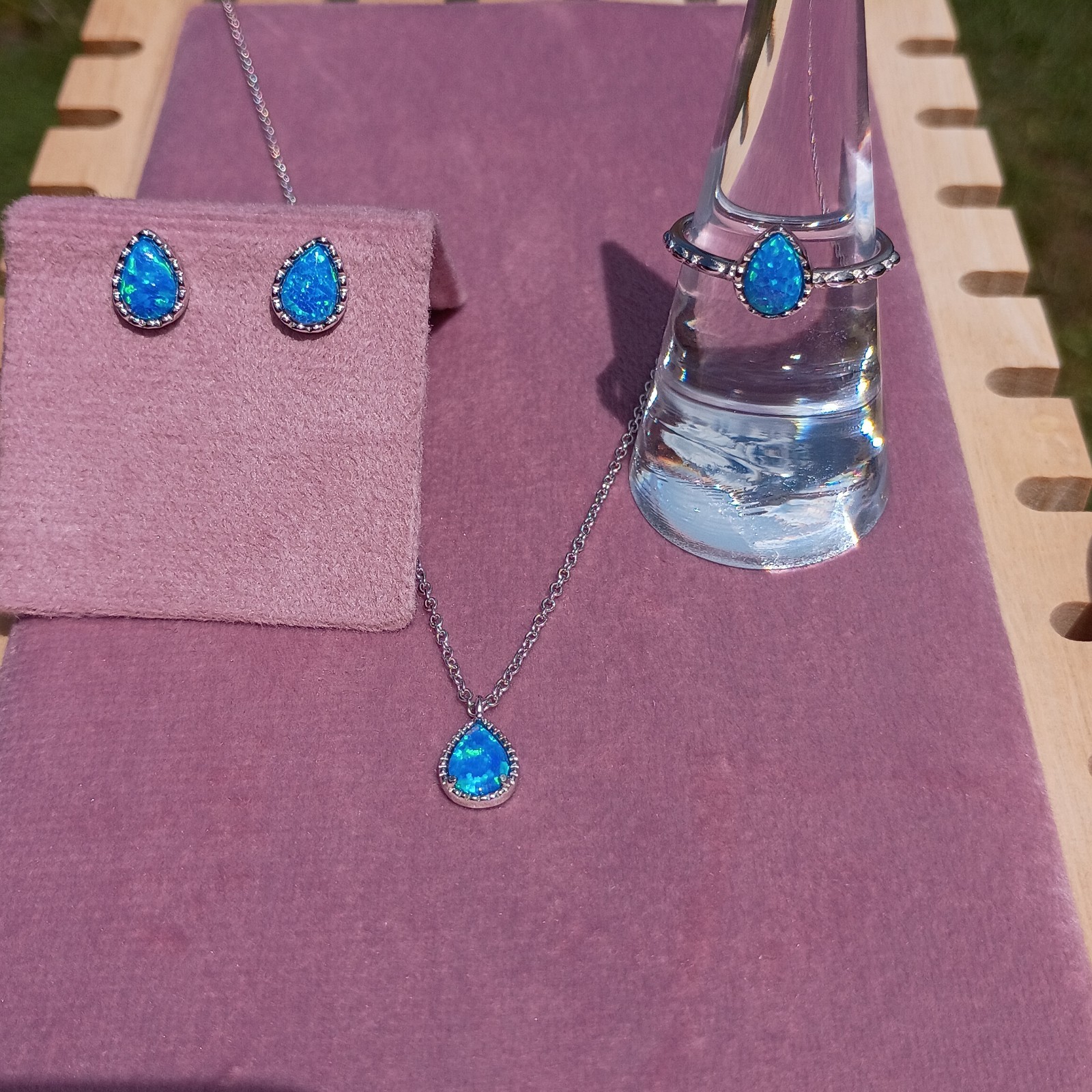 Sterling Silver Blue Opal Earrings Necklace Ring Set Bridal Prom Spring Summer