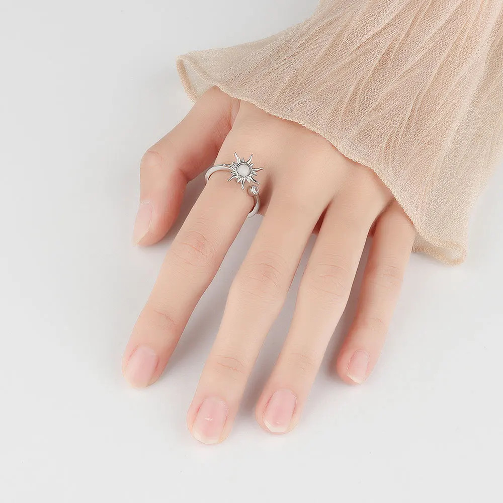 Sterling Silver Sunflower Diamond Zircon Rotatable Ring For Women