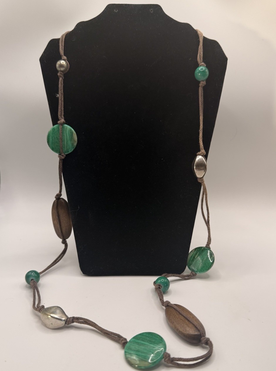 Boho Green Dyed Agate Wood Bead Necklace Silver Tone Accents Brown Cord 16”