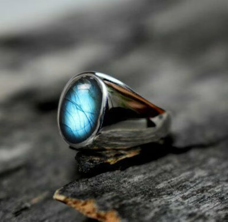 Solid 925 Sterling Silver AA Natural Blue Labradorite Oval Men’s Unisex Ring