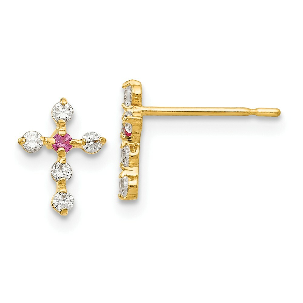 14K Yellow Gold White & Red CZ Cross Stud Earrings Madi K Children’s Jewelry